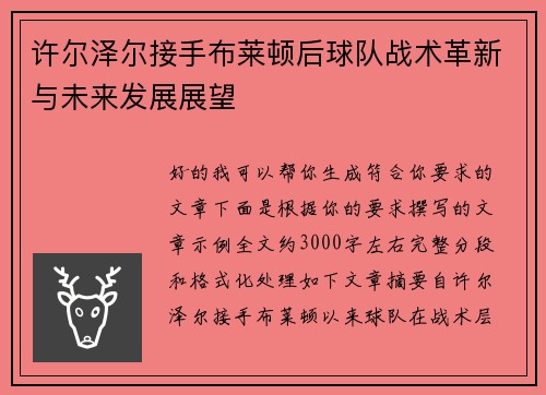 许尔泽尔接手布莱顿后球队战术革新与未来发展展望