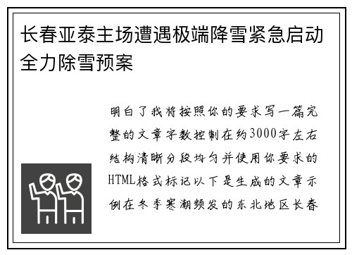 长春亚泰主场遭遇极端降雪紧急启动全力除雪预案