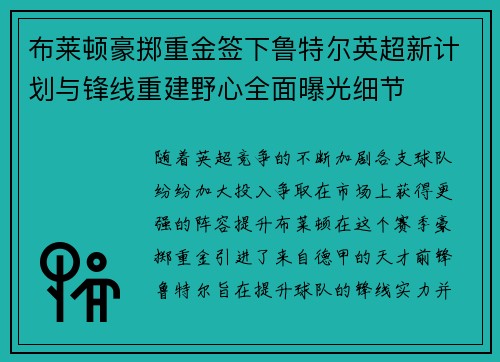 布莱顿豪掷重金签下鲁特尔英超新计划与锋线重建野心全面曝光细节